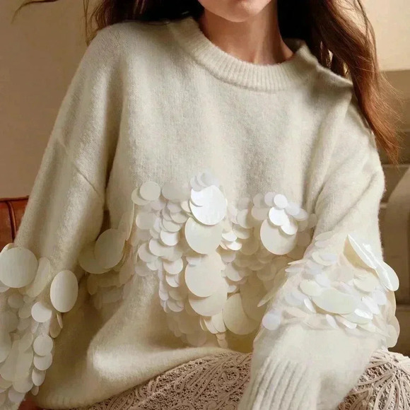 Apricot Casual Women's Handmade Beaded & Sequined Delicate Pullover Sweater - Picture 6 of 7